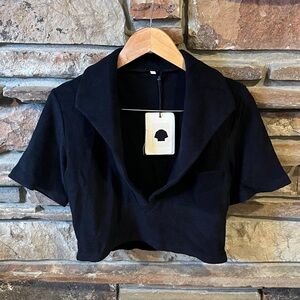 Johanna Ortiz Misty Hem Black Terrycloth Cropped Vacation Top